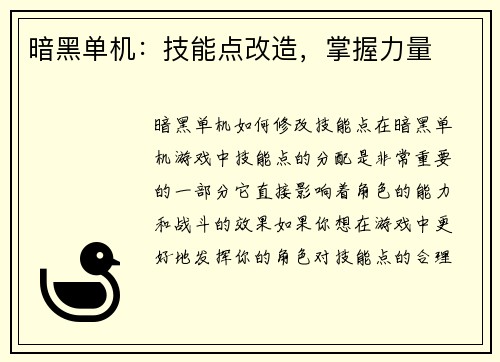 暗黑单机：技能点改造，掌握力量